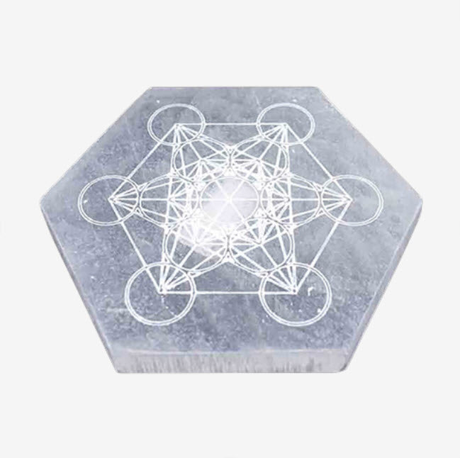 Base de Selenite Hexagonal Cubo de Metatron | Unidade - 18 cm - ZenNatural