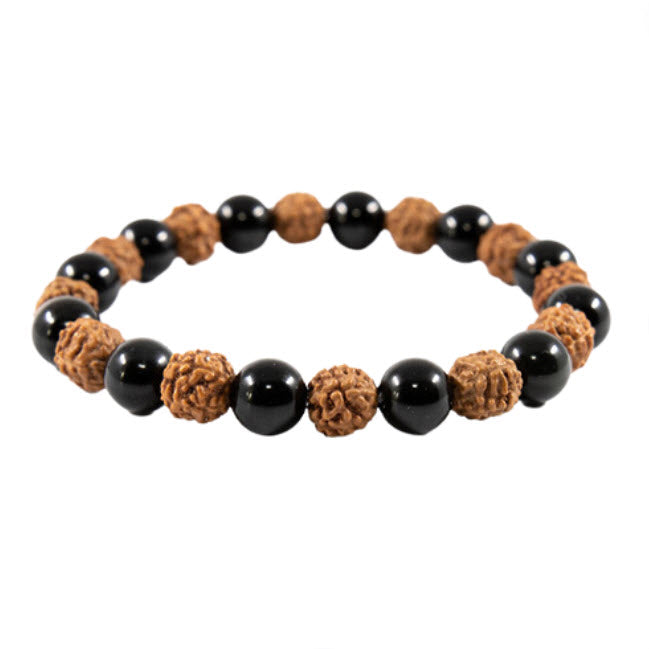 ZenNatural_Pulseira de Rudraksha e Obsidiana Negra - Esferas 8 mm