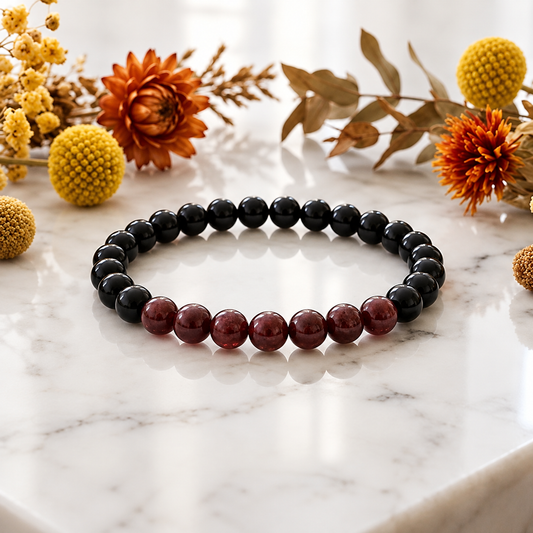 Pulseira de Obsidiana e Granada – Esferas 4 mm